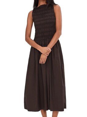 Madewell Keeran Sleeveless Dress~Size S~Molasses Brown Smocked Midi DAMAGE L7 27